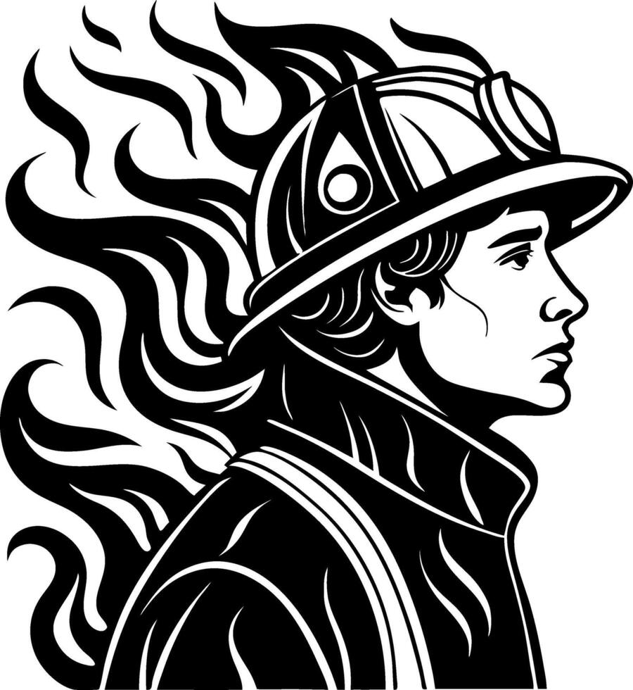 Heroic Firefighter Profile with Flames in Black and White Design for Apparel and Tattoos vector