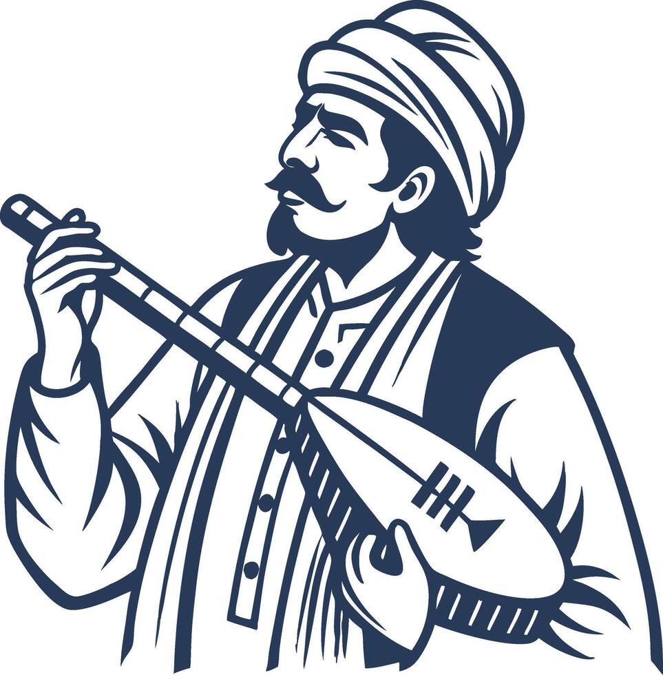 Musician Playing Traditional String Instrument in Cultural Attire for Art and Design Projects vector