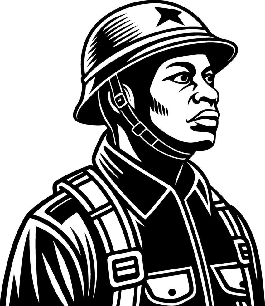 Detailed Black and White Illustration of a Resilient Soldier Wearing Military Gear vector