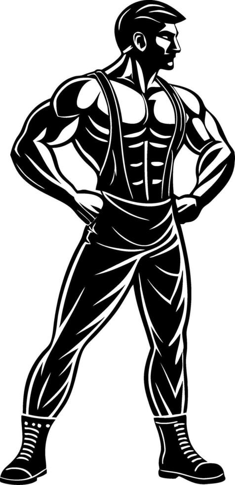 Strong Muscular Man in Overalls Pose for Fitness Branding and Tattoo Design vector