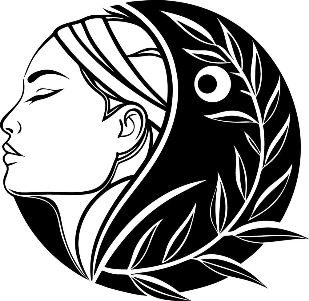Elegant Woman Profile with Yin Yang and Olive Branches for Tattoo and Coloring Book Design vector