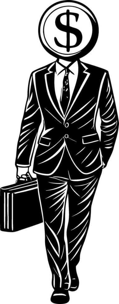 Businessman with Dollar Sign Head Walking in Suit Symbolizing Wealth and Corporate Success vector
