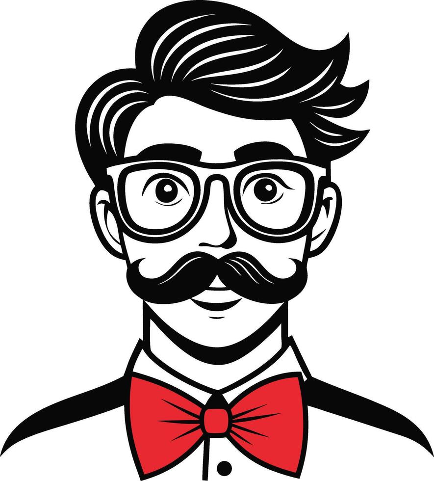 Retro Hipster Man with Thick Mustache and Stylish Hair Wearing Oversized Glasses and Bow Tie vector