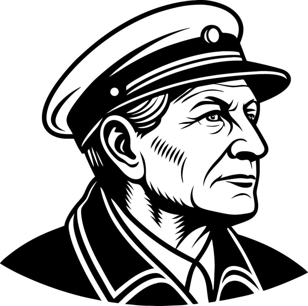 Detailed Portrait of a Mature Man in a Captains Hat Featuring Strong Facial Expressions for Tattoo Design vector