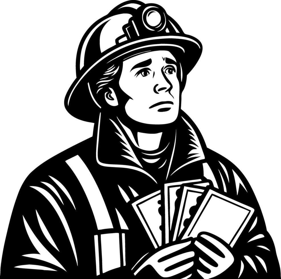 Miner Holding Cash in Work Gear Symbolizing Hard Work and Financial Reward vector