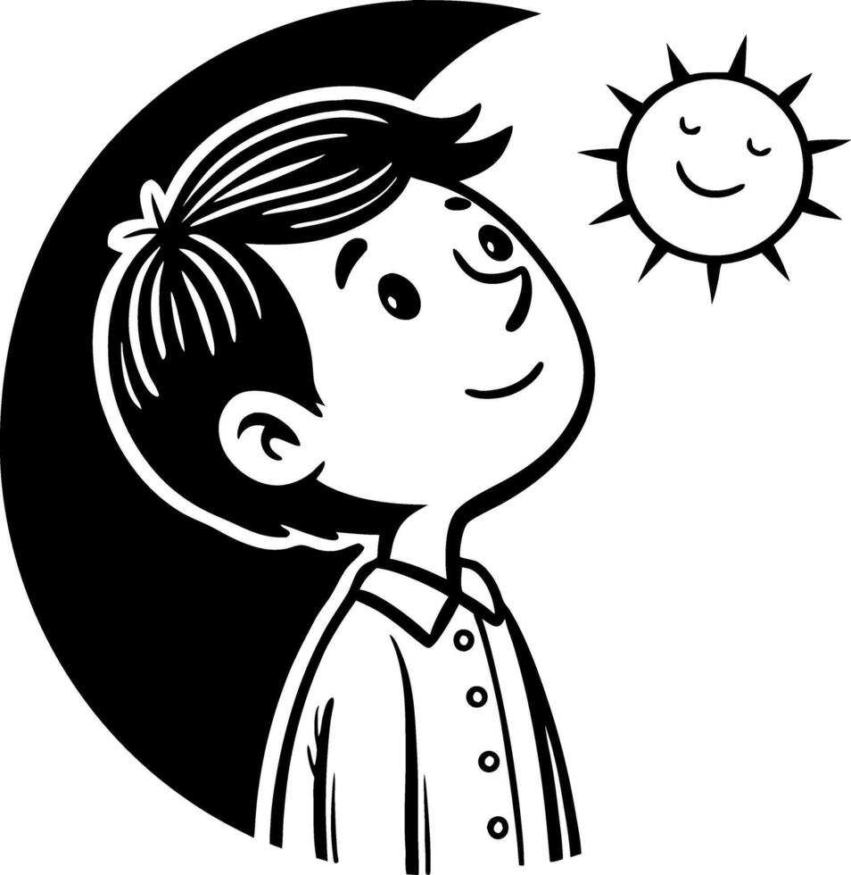 Happy Boy Gazing at Sun and Moon in Whimsical Cartoon Style for Kids Design vector