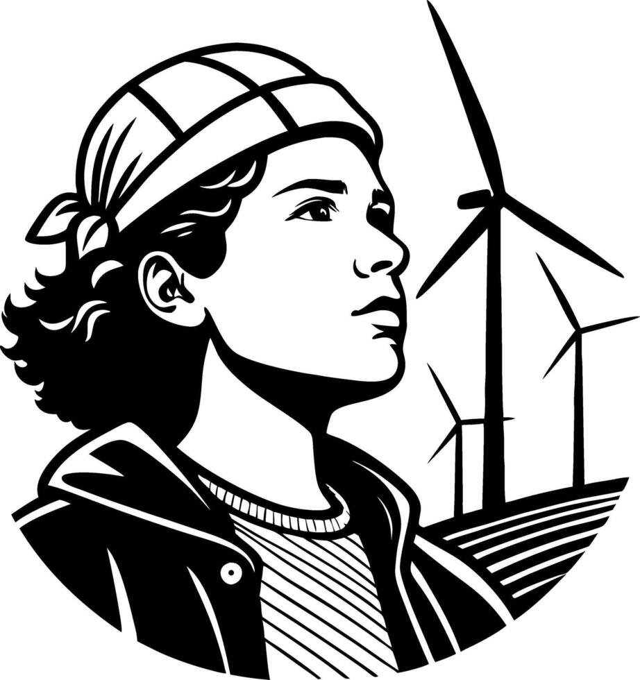 Youthful Visionary Gazing Towards Wind Turbines in a Sustainable Future Illustration vector