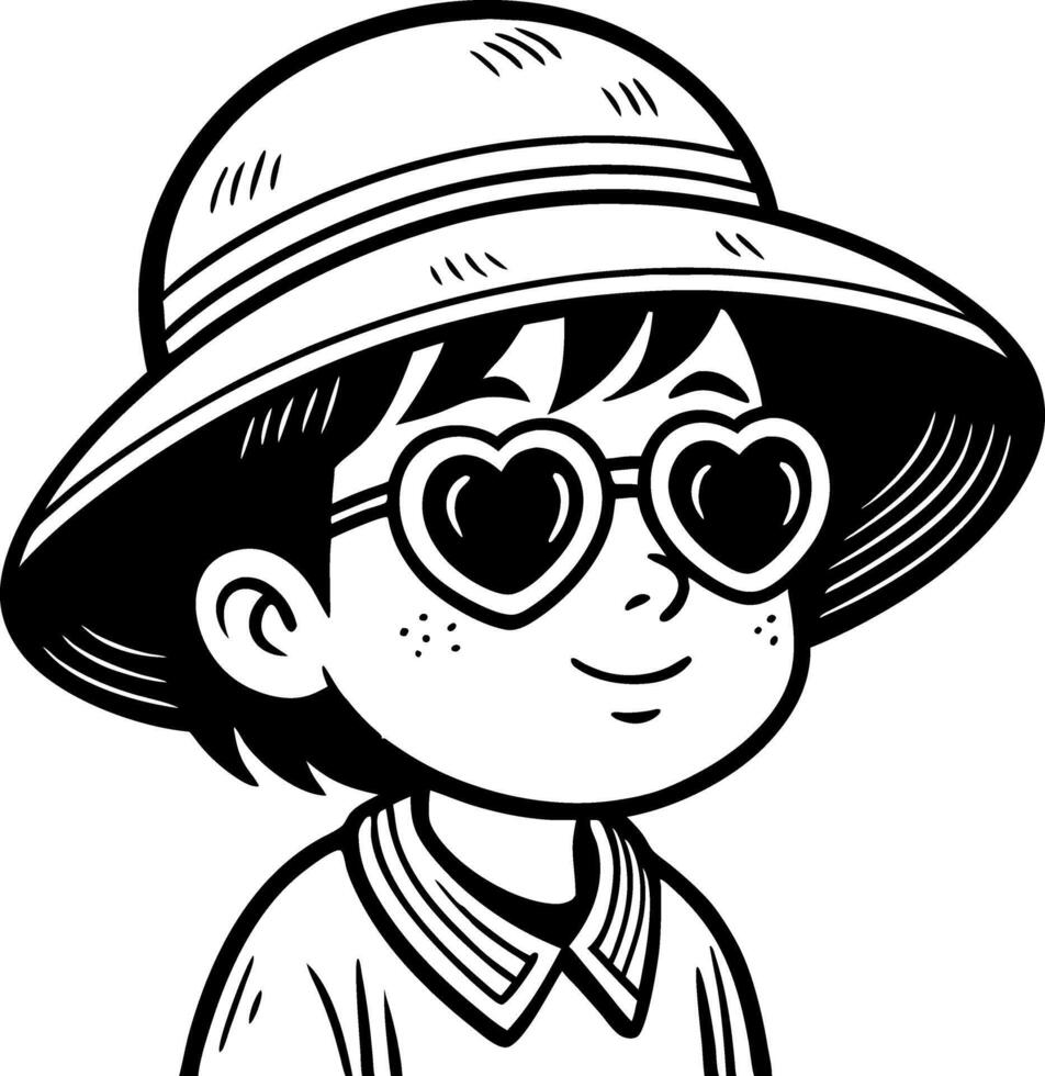 Happy Child Wearing Heart Sunglasses and Sun Hat for Fun Coloring Book Design vector