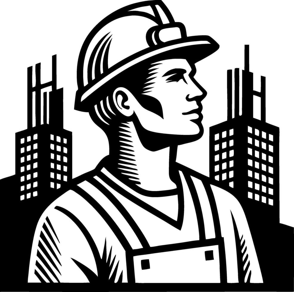 Builder Construction Worker Portrait with Skyscrapers Symbolizing Strength and Determination vector