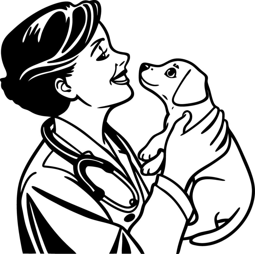 Veterinarian Woman Smiling Holding Cute Puppy Pets Animal Care Illustration vector