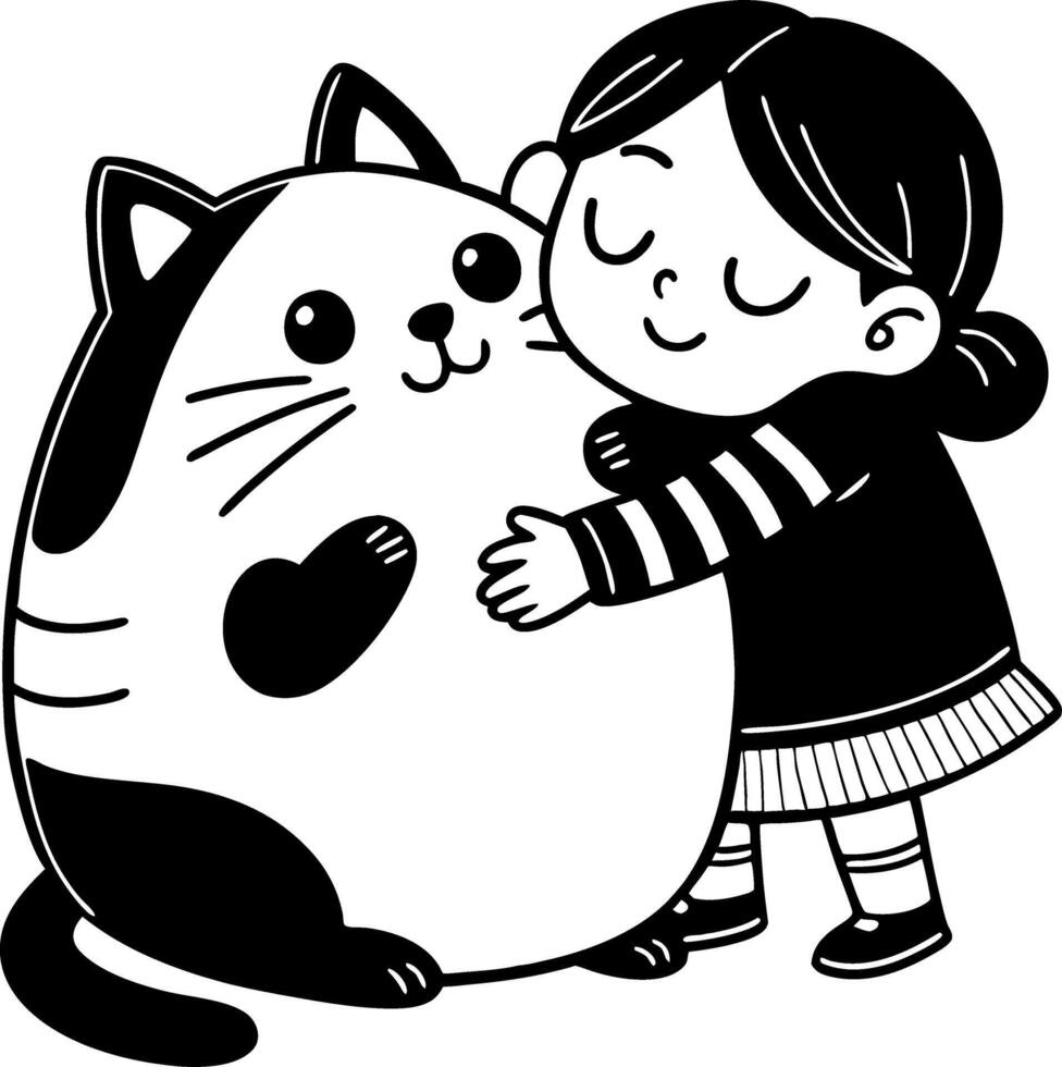 Cute Girl Hugging Adorable Chubby Cat Character Ideal for Childrens Art Projects and Tattoos vector
