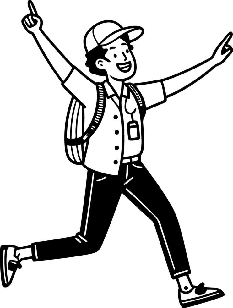 Energetic Young Man Jumping with Backpack and Cap Representing Adventure and Exploration vector