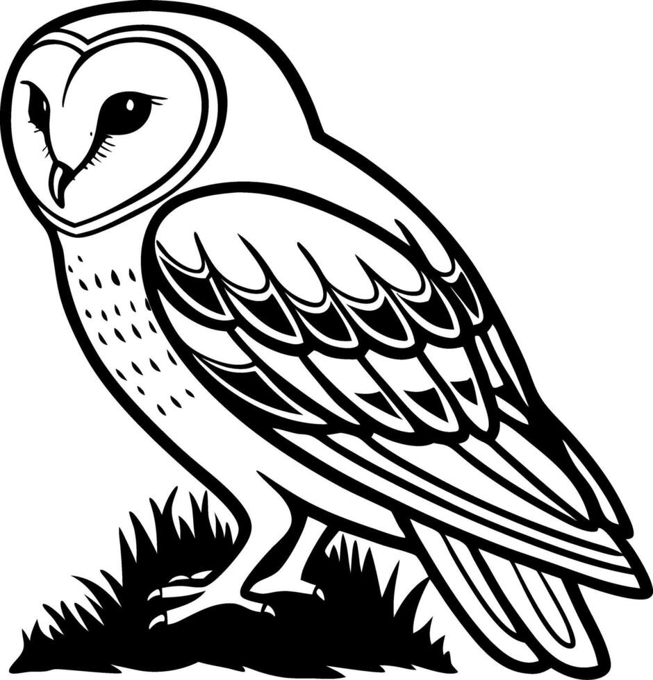 Detailed Line Art Illustration of a Barn Owl Perched on Grass for Coloring Book and Tattoo Design vector