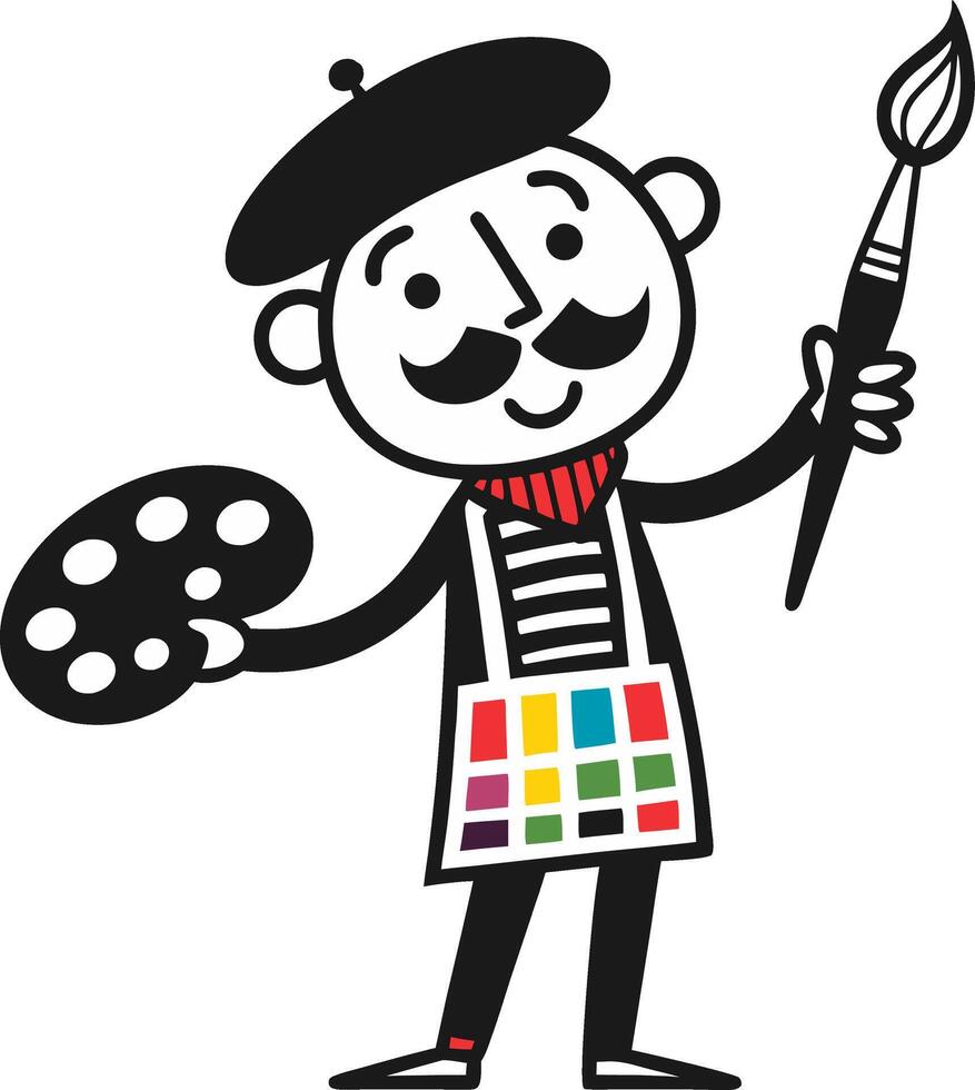 Cheerful Cartoon Artist Holding Palette and Paintbrush in Colorful Outfit vector