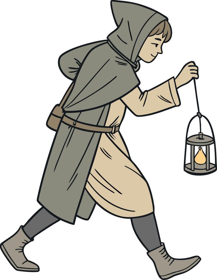 Adventurous Character Holding Lantern in Cloak Walking Through an Enchanted Night vector