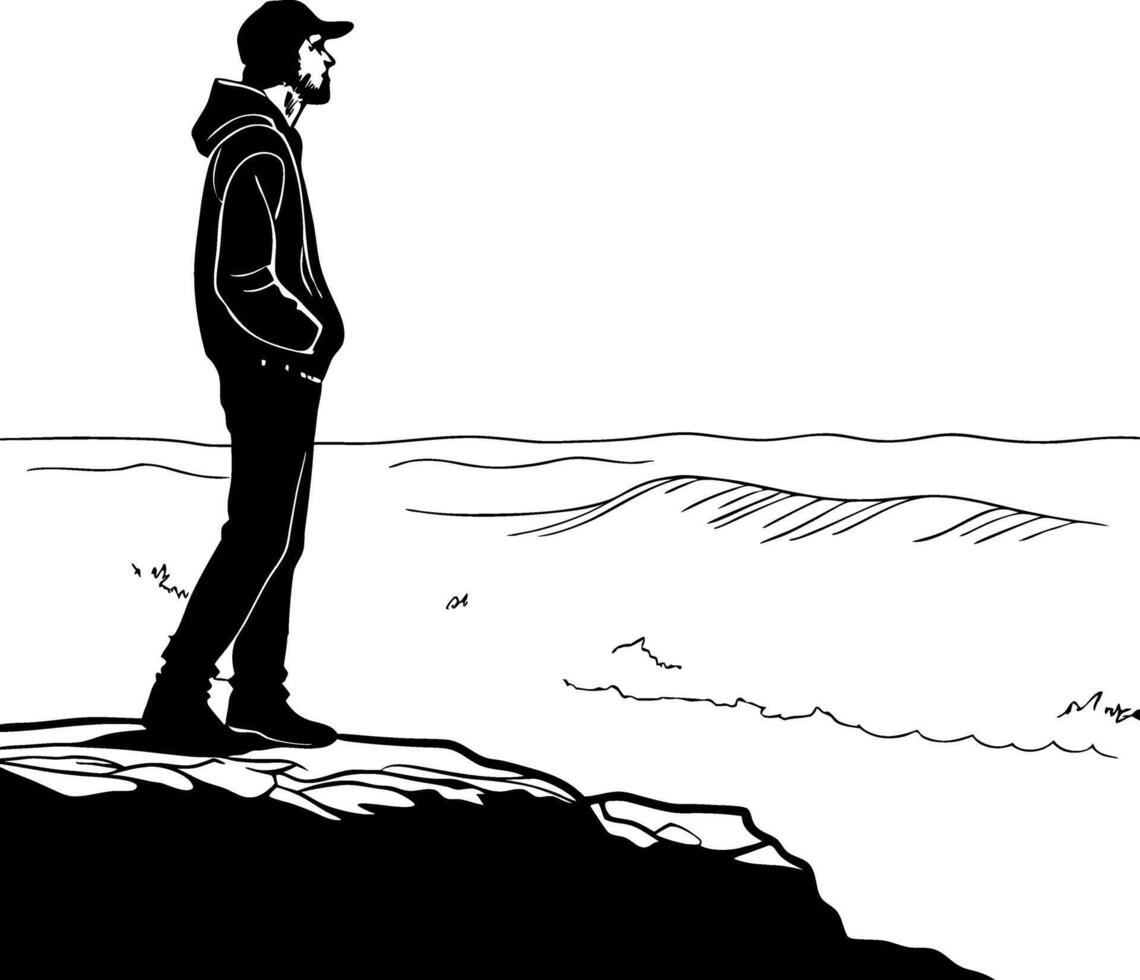 Silhouette of Young Man Standing on Rocky Shore Gazing at Ocean Waves for Nature Designs vector