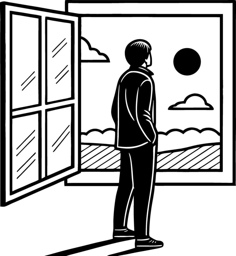 Man Standing by Open Window Gazing at Scenic Landscape with Clouds and Sun vector
