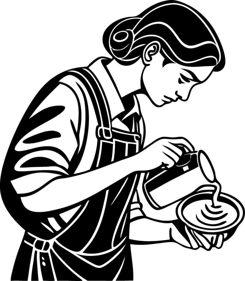 Barista Creating Latte Art Pouring Milk into Coffee Cup with Precision and Skill vector