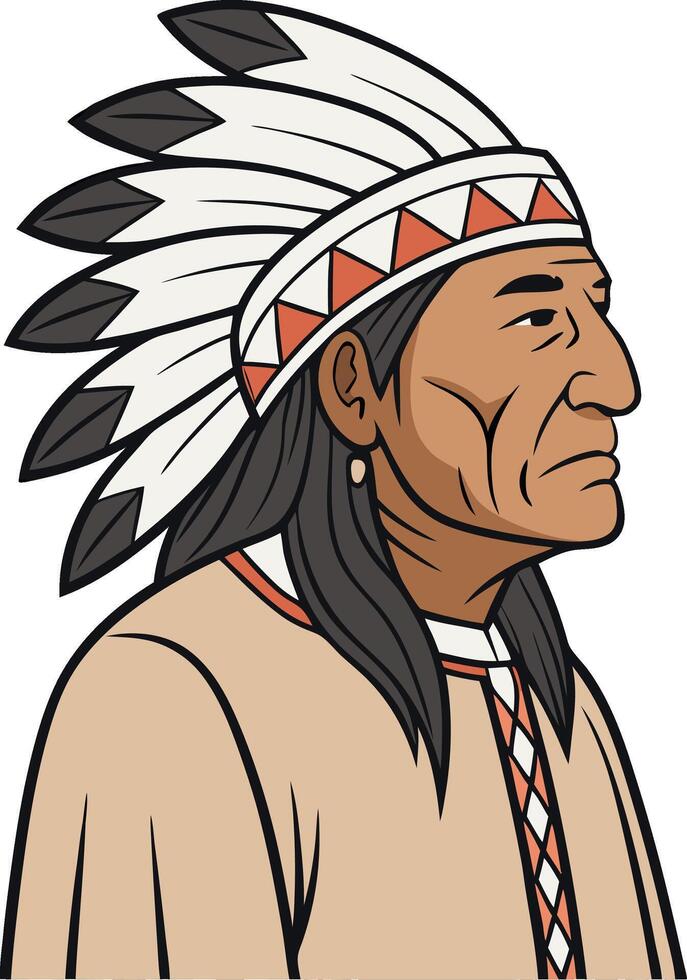 Native American Warrior Portrait with Feathered Headdress for Artwork and Tattoo Design vector