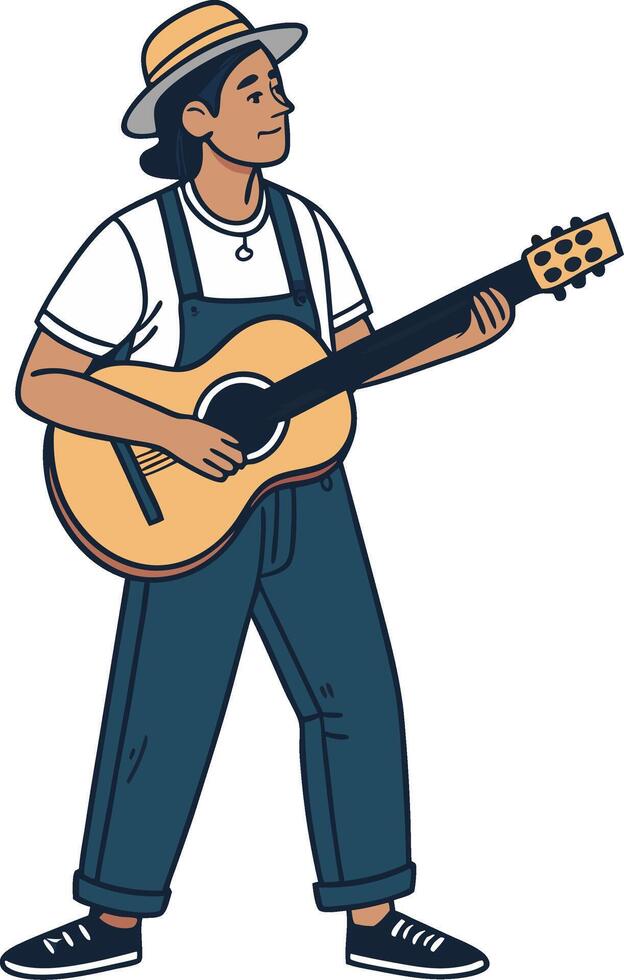 Musician Playing Acoustic Guitar in Casual Outfit with Hat and Overalls vector