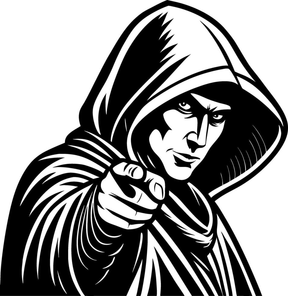 Mysterious Cloaked Figure Pointing Gesture Illustration for Tattoo Design and Graphic Art vector