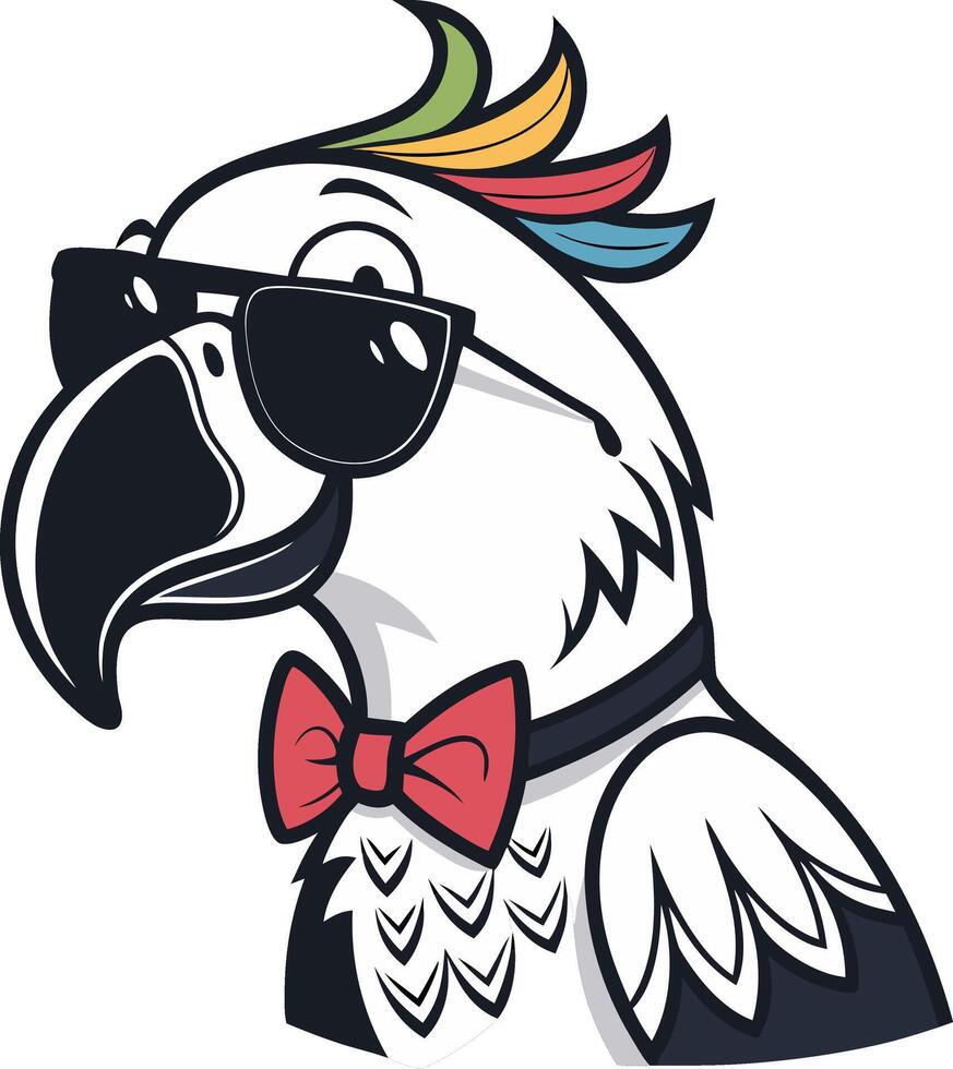 Cool Stylish Parrot Character with Sunglasses and Colorful Hair Bowtie for Fun Designs vector