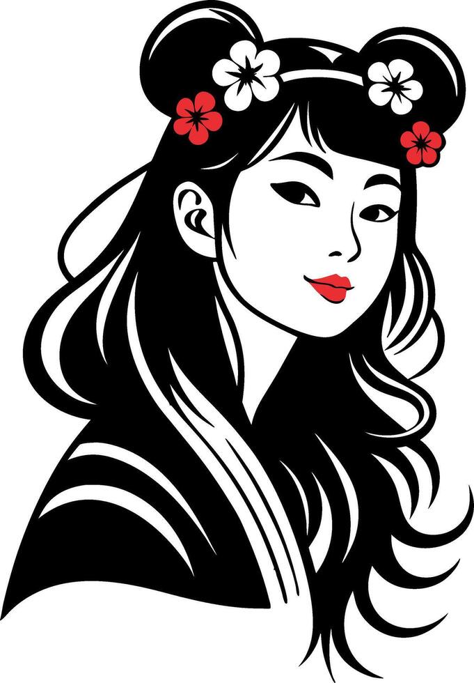 Elegant Asian Woman Illustration with Floral Accents for Fashion and Beauty Projects vector