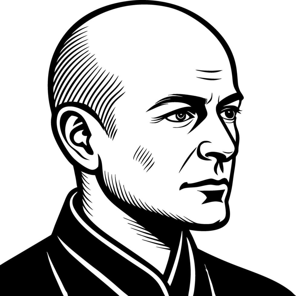 Elegant Bald Man Portrait in Traditional Attire Ideal for Tattoo Design and Illustrations vector