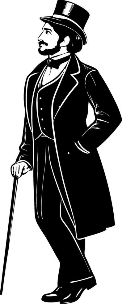Elegant Victorian Gentleman in Formal Attire With Cane and Top Hat for Vintage Style Design vector