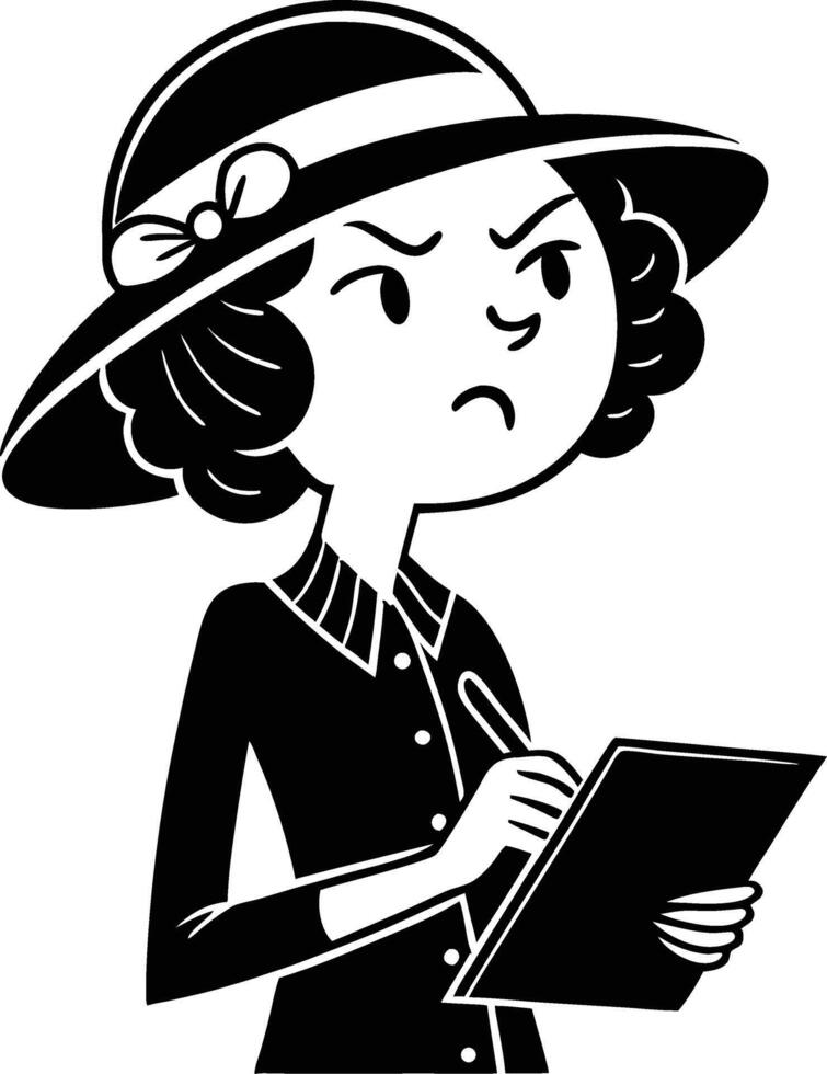 Frustrated Woman in Vintage Attire Holding Notepad and Pencil with Determined Expression vector