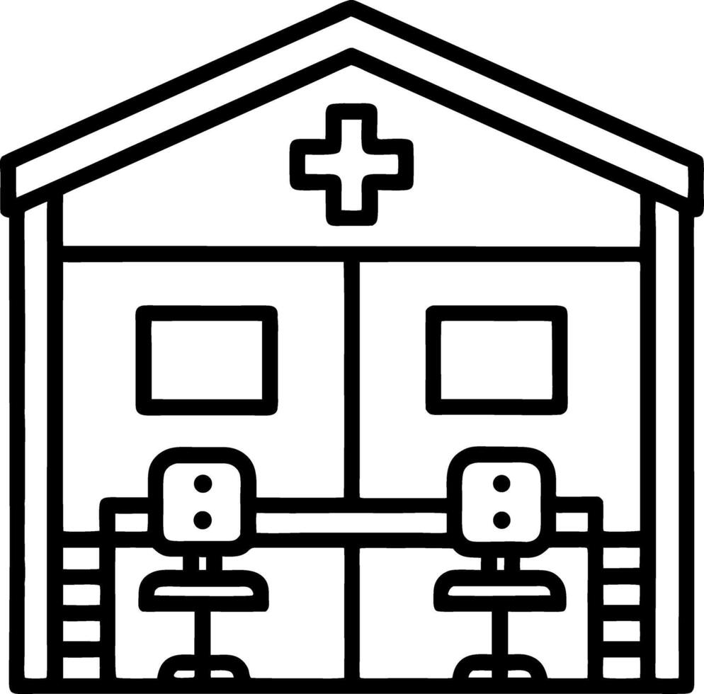 Minimalist Outline of a Medical Clinic with Chairs and Cross Symbol for Healthcare Design vector