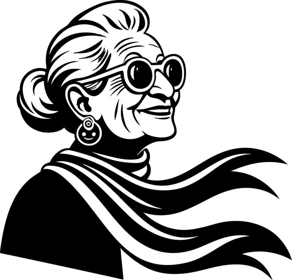 Stylish Elderly Woman with Sunglasses and Scarf Illustration for Creative Projects vector