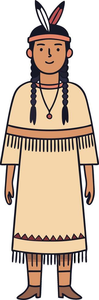 Native American Girl in Traditional Dress with Braids and Feathers for Cultural Representation vector
