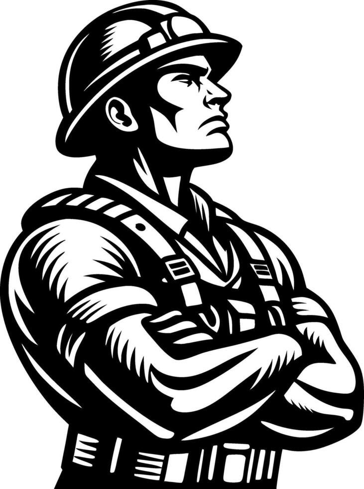 Strong Male Soldier Silhouette in Uniform with Helmet for Military Designs and Illustrations vector
