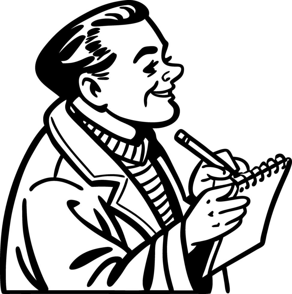 Cheerful Man Sketching in Notebook with Pen Vintage Style Illustration vector