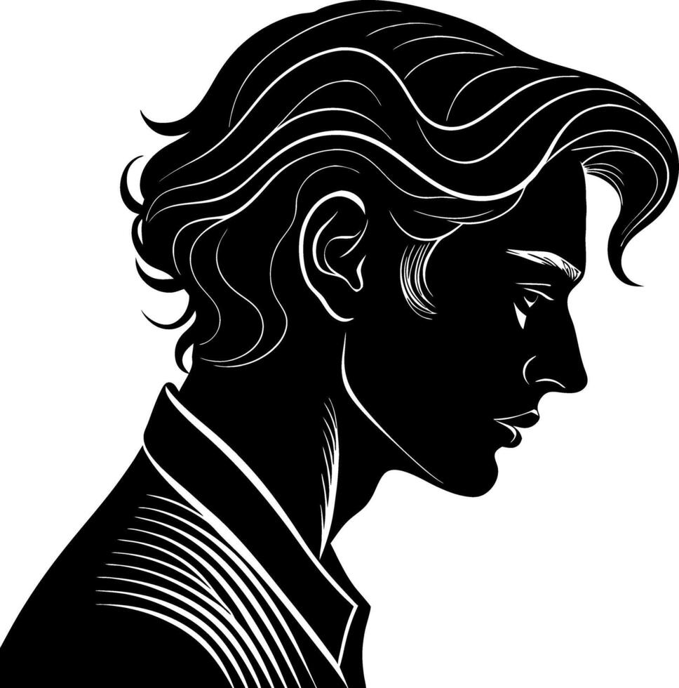 Stylish Side Profile Silhouette of a Young Man with Wavy Hair Ideal for Tattoo and Illustration Designs vector