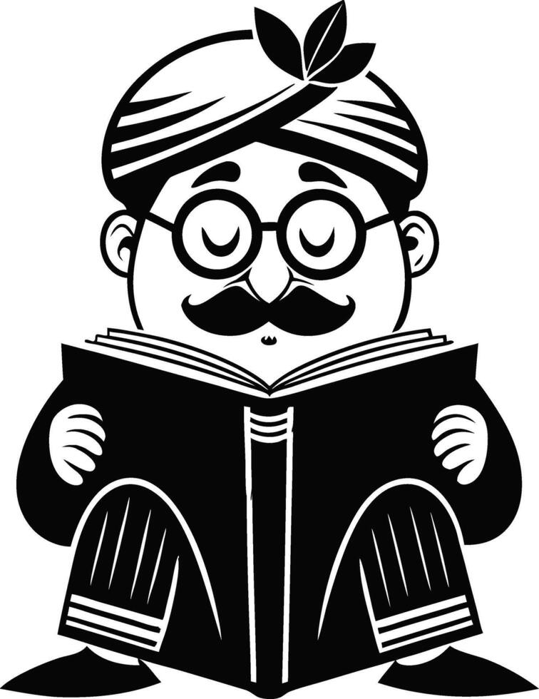 Cheerful Character Reading Book with Spectacles and Traditional Attire for Educational Themes vector