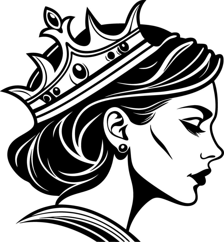 Elegant Queen Profile Silhouette Crowned with Regal Headpiece for Tattoo Design or Art vector