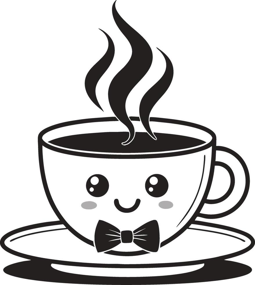 Cute Smiling Coffee Cup with Steam and Bowtie Ideal for Fun Graphic Designs and Coloring Books vector