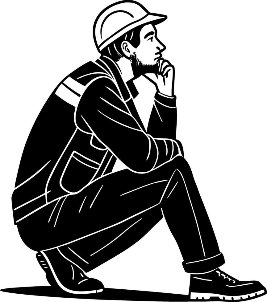 Contemplative Construction Worker in Safety Gear Squatting Thoughtfully for Design Inspiration vector