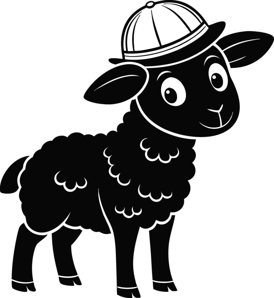 Cute Cartoon Black Sheep Wearing Cap Character for Kids Illustration and Design vector