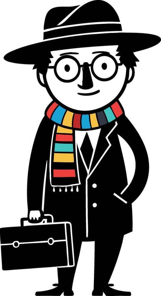 Stylish Cartoon Businessman with Briefcase and Colorful Scarf in Vintage Suit vector