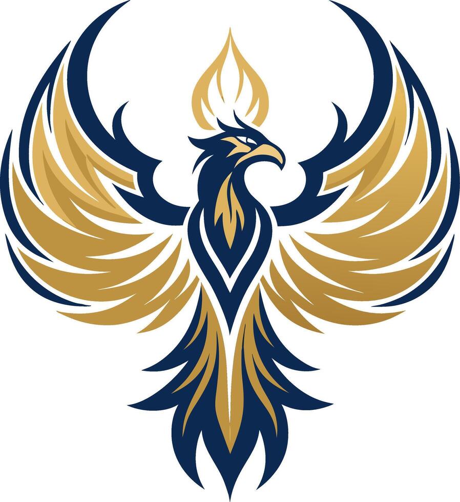 Majestic Phoenix Illustration with Golden and Navy Blue Wings for Tattoo Design and Branding vector