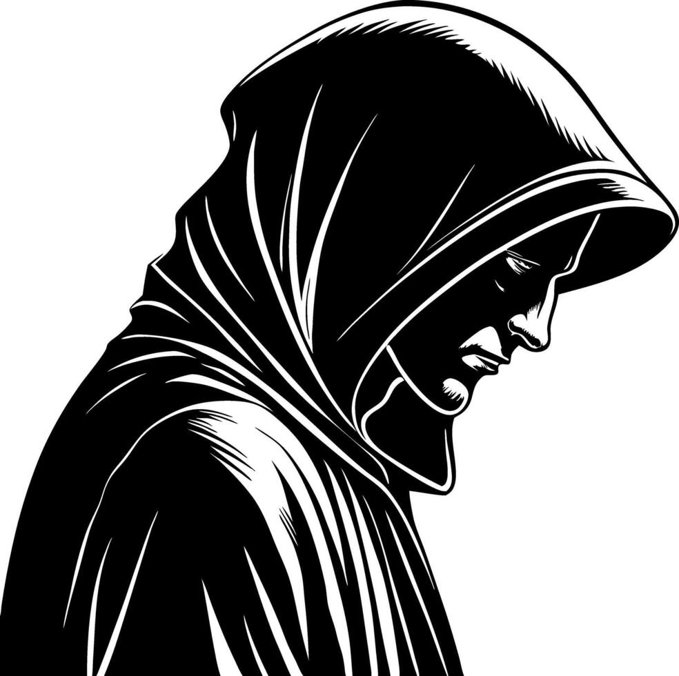 Profile of a Hooded Figure in Contemplation Ideal for Tattoos and Illustrations vector