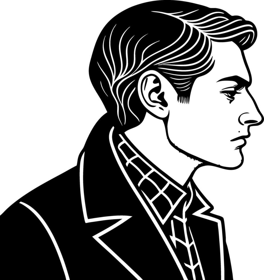 Stylish Black and White Profile Illustration of a Young Man with Modern Haircut and Fashionable Attire vector