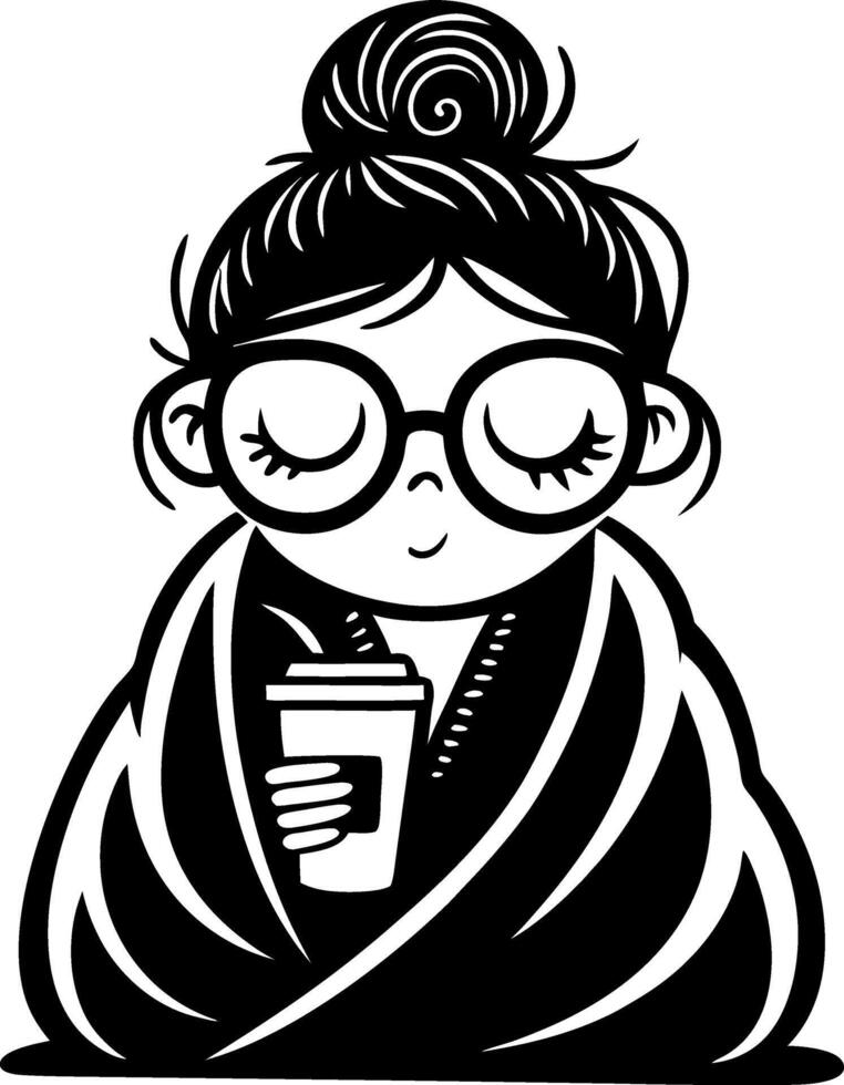 Cozy Girl in Glasses Holding Drink Wrapped in Blanket for Relaxation and Comfort Themes vector