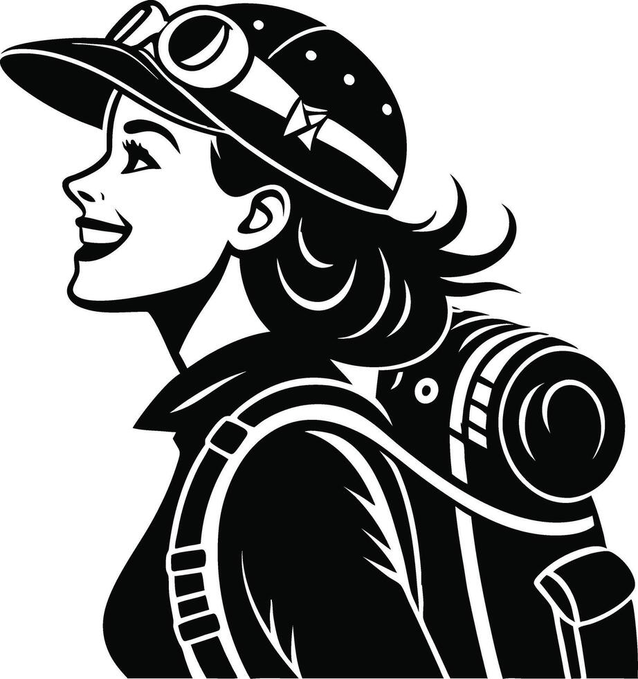 Adventurous Female Hiker Smiling with Backpack and Cap for Travel and Outdoor Themes vector