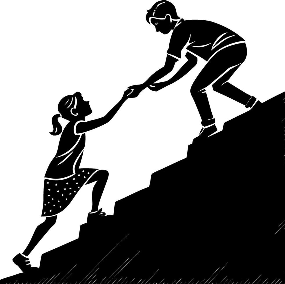 Children Helping Each Other Climb Stairs Symbolizing Support Perseverance and Teamwork vector