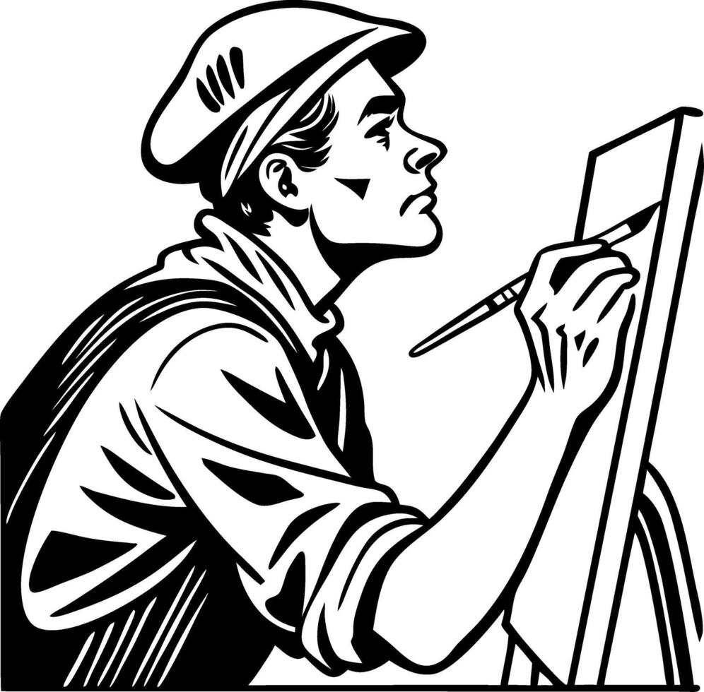 Focused Male Artist Painting on Canvas with Brush in Hand Illustration vector