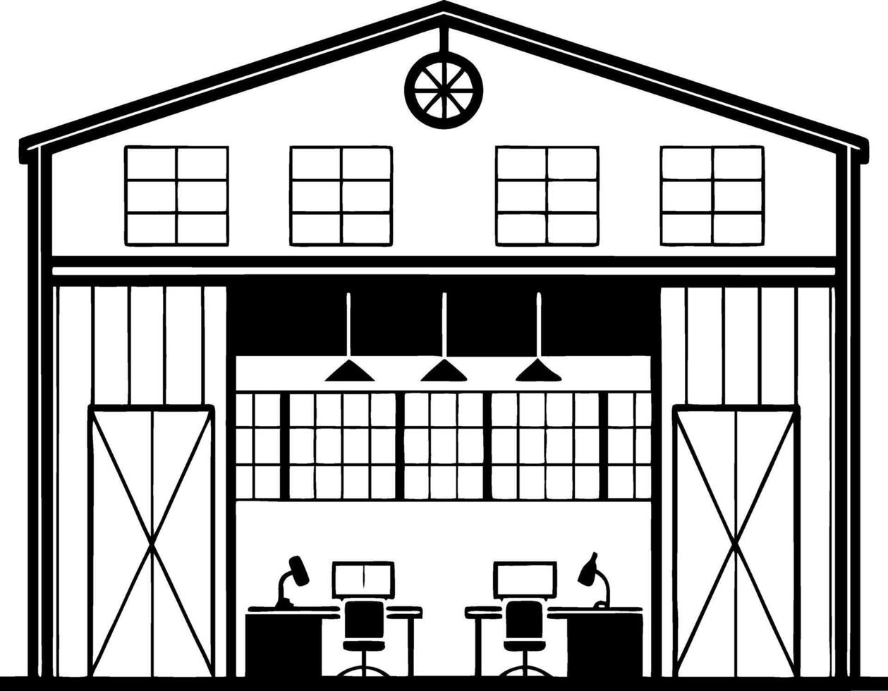 Creative Workspace Modern Barn Design with Large Windows and Desks for Productive Environment vector